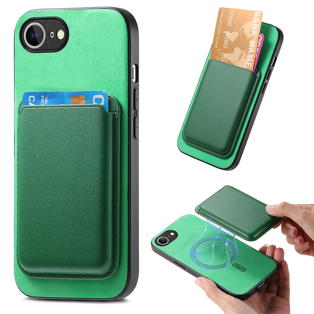 For iPhone 16e Case Detachable Magnetic Card Bag Leather Phone Back Cover - Green