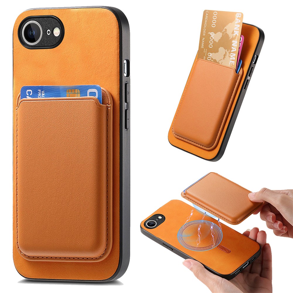 For iPhone 16e Case Detachable Magnetic Card Bag Leather Phone Back Cover - Orange