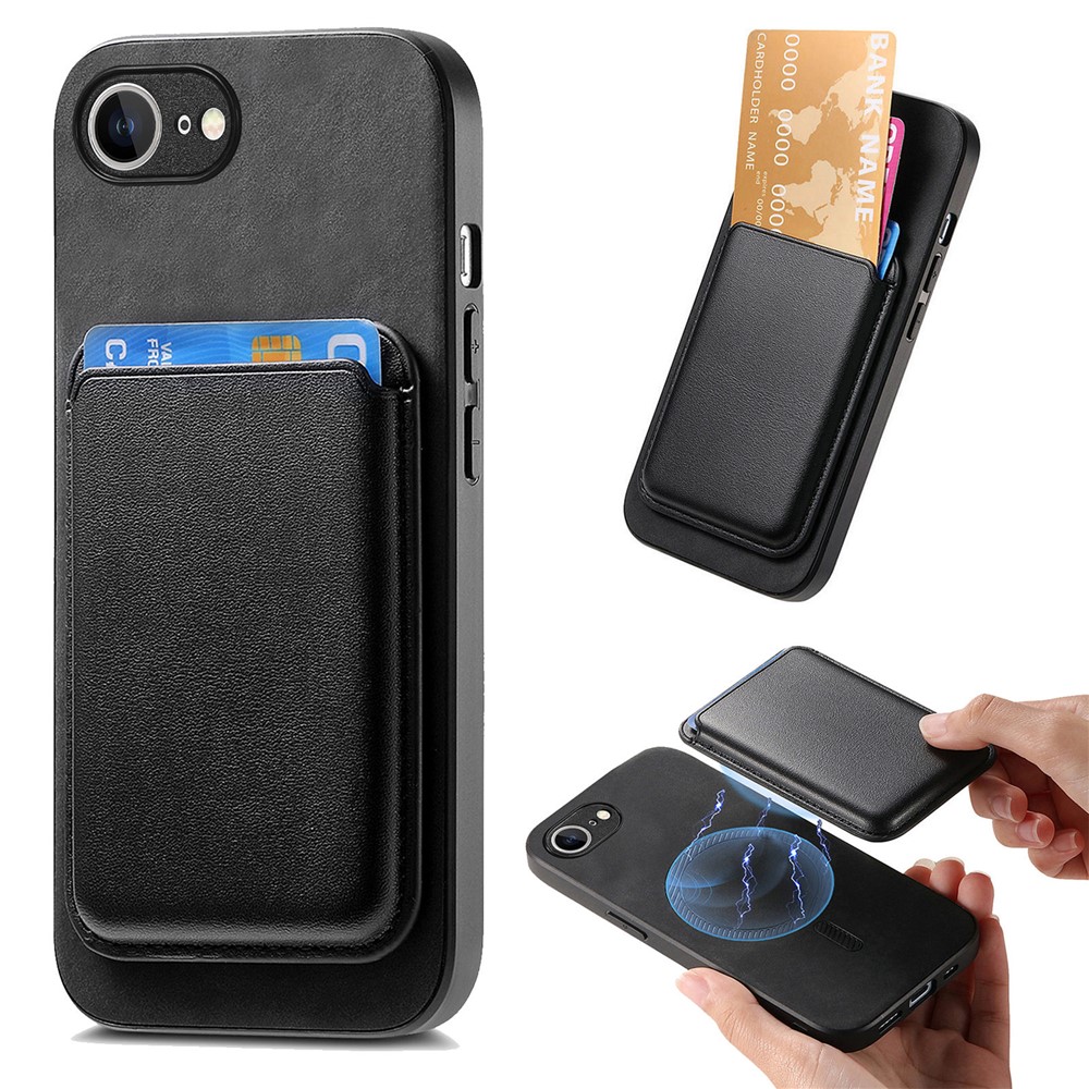 For iPhone 16e Case Detachable Magnetic Card Bag Leather Phone Back Cover - Black