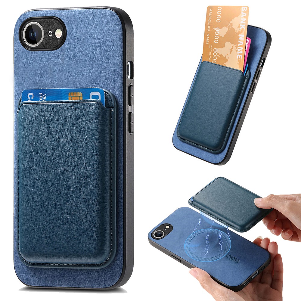 For iPhone 16e Case Detachable Magnetic Card Bag Leather Phone Back Cover - Blue