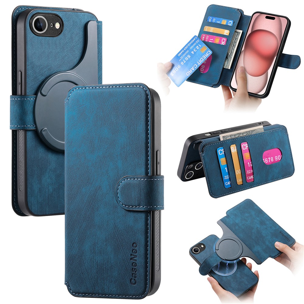 For iPhone 16e Magnetic Case CASENEO Detachable Leather Phone Wallet Cover  - Dark Blue