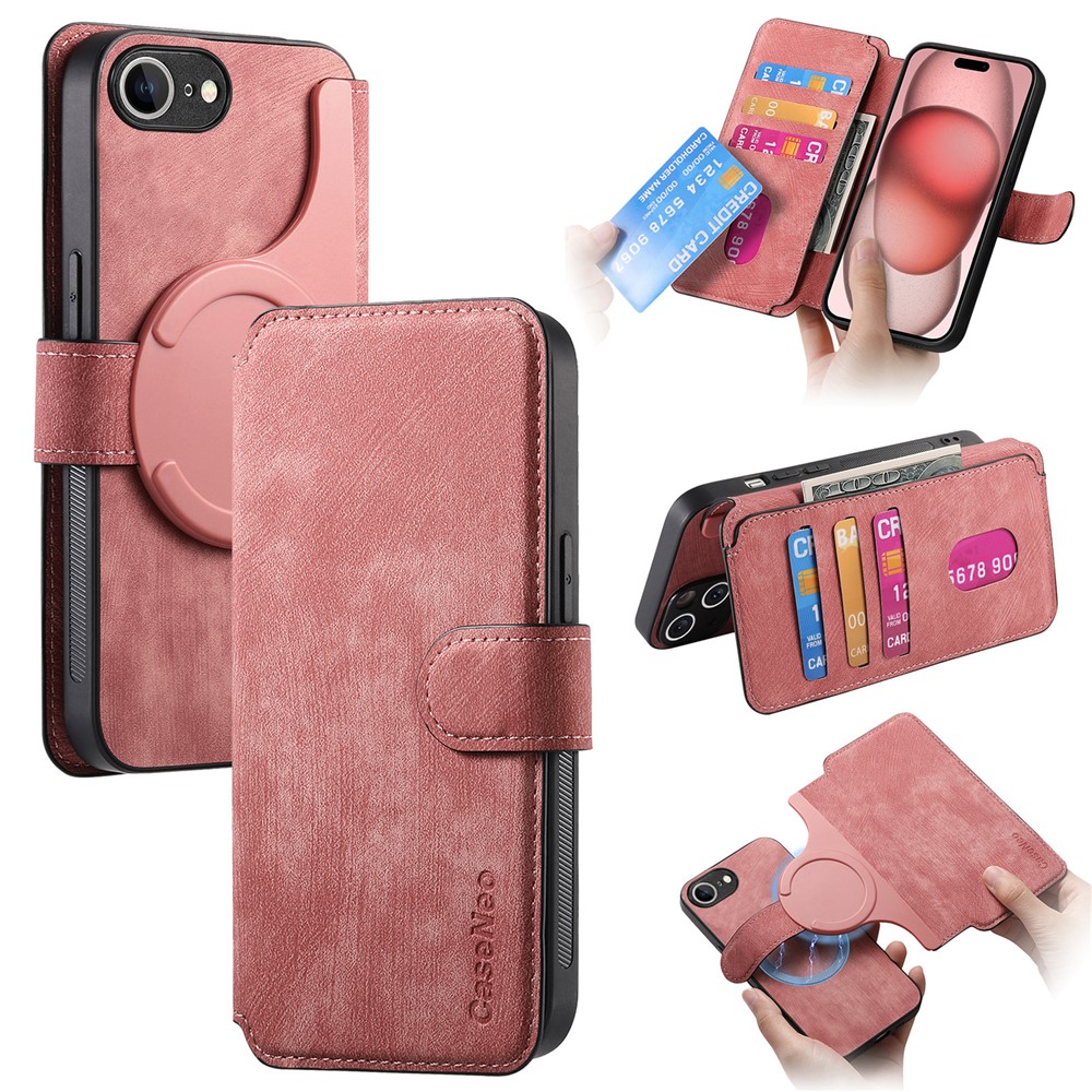 For iPhone 16e Magnetic Case CASENEO Detachable Leather Phone Wallet Cover  - Pink