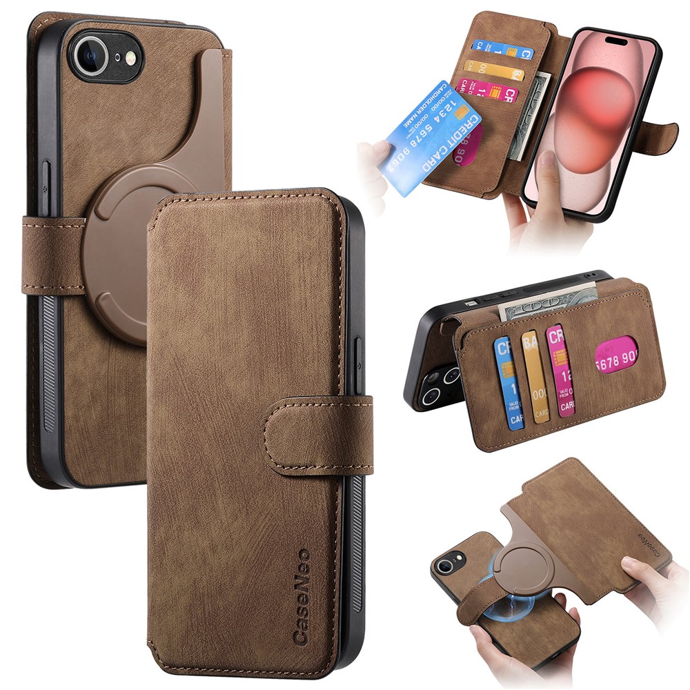 For iPhone 16e Magnetic Case CASENEO Detachable Leather Phone Wallet Cover  - Brown
