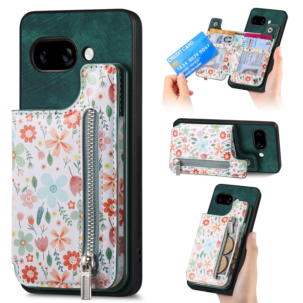 For Google Pixel 9a Leather Phone Cover with RFID Blocking Zipper Card Bag Kickstand - Green