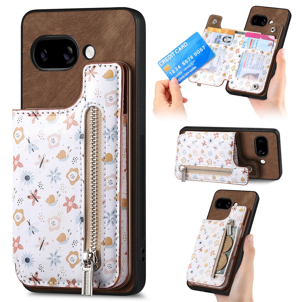 For Google Pixel 9a Leather Phone Cover with RFID Blocking Zipper Card Bag Kickstand - Brown