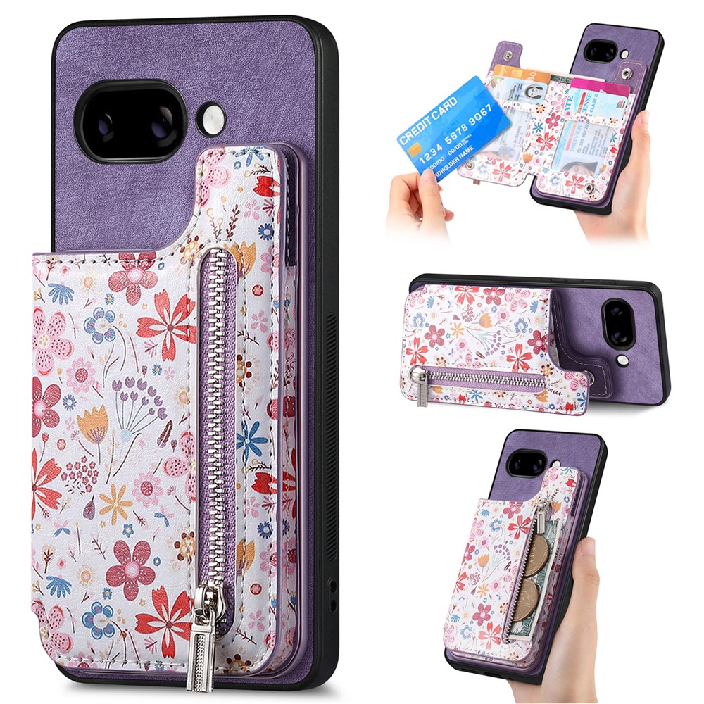 For Google Pixel 9a Leather Phone Cover with RFID Blocking Zipper Card Bag Kickstand - Purple