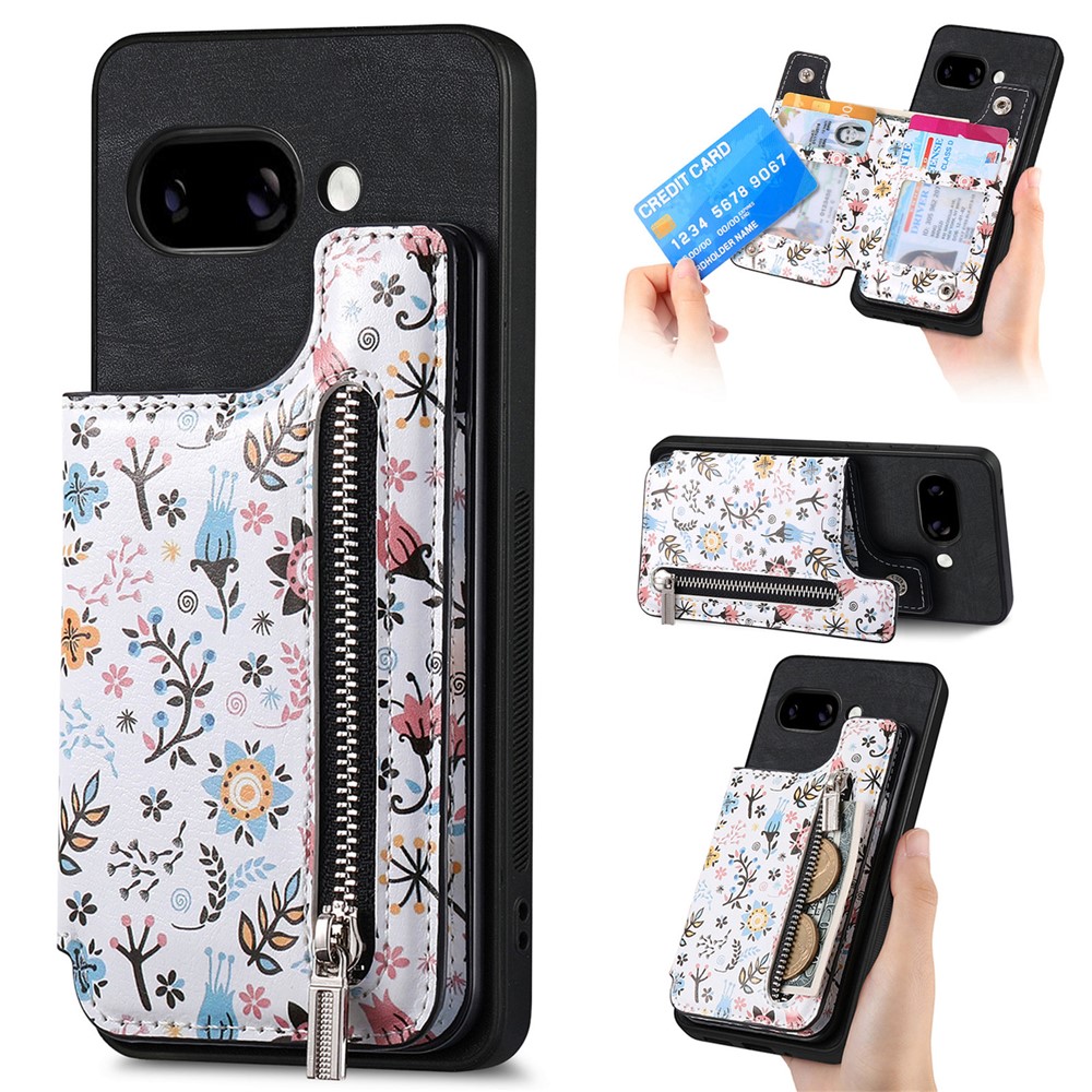 For Google Pixel 9a Leather Phone Cover with RFID Blocking Zipper Card Bag Kickstand - Black