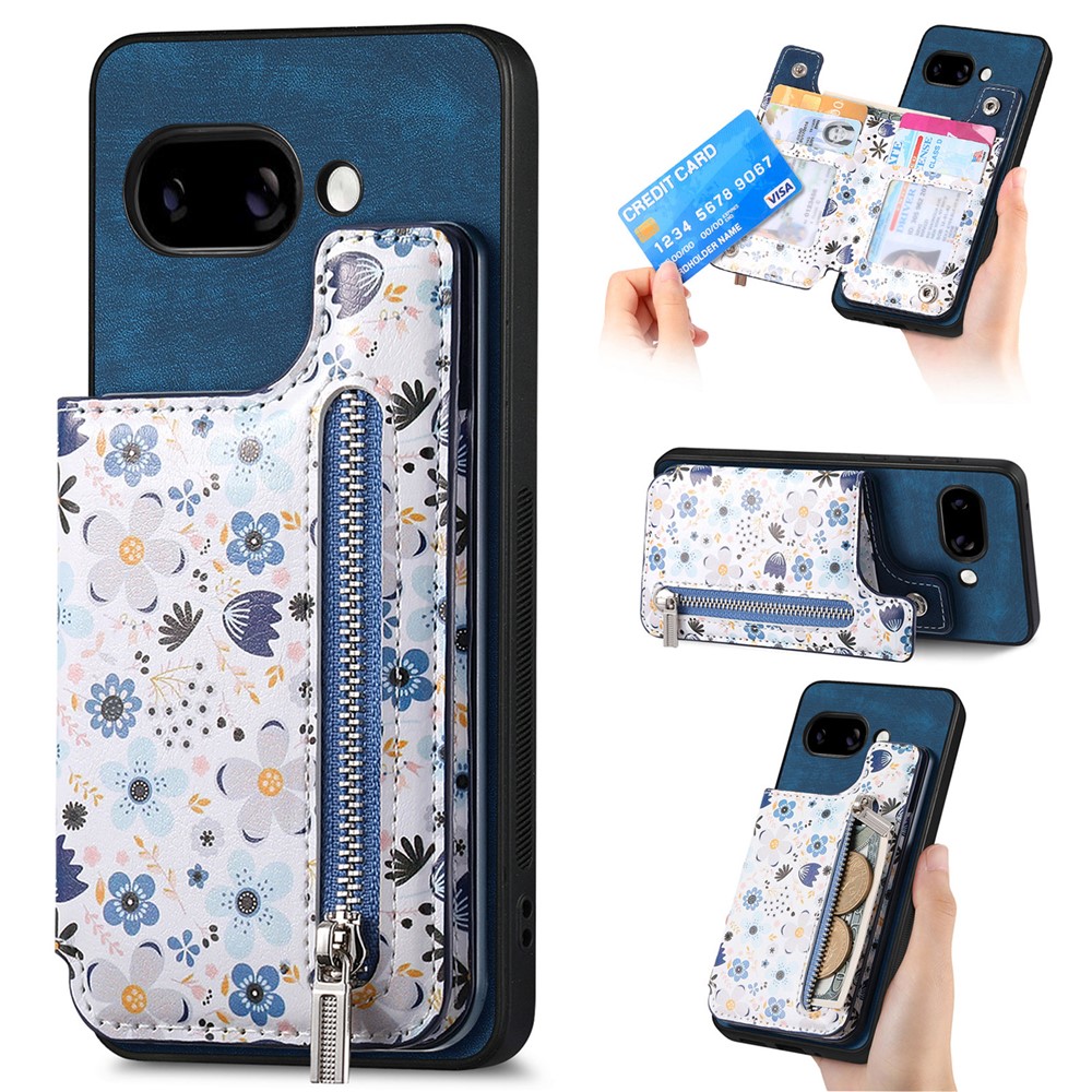 For Google Pixel 9a Leather Phone Cover with RFID Blocking Zipper Card Bag Kickstand - Blue