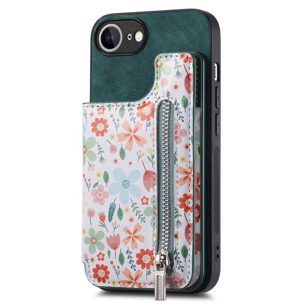 For iPhone 16e Leather Phone Cover with RFID Blocking Zipper Card Bag Kickstand - Green