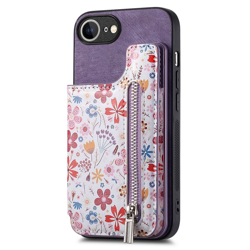 For iPhone 16e Leather Phone Cover with RFID Blocking Zipper Card Bag Kickstand - Purple
