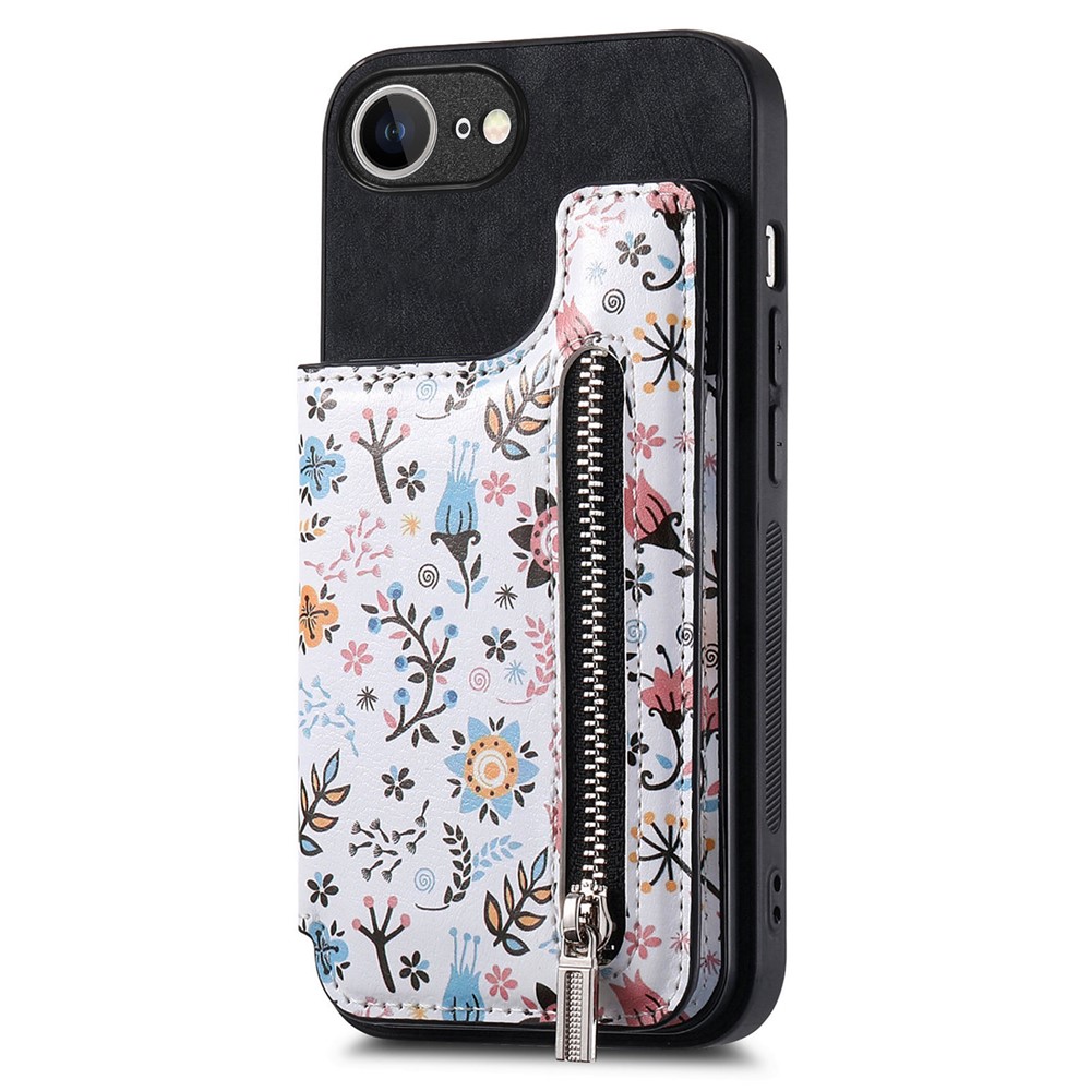 For iPhone 16e Leather Phone Cover with RFID Blocking Zipper Card Bag Kickstand - Black