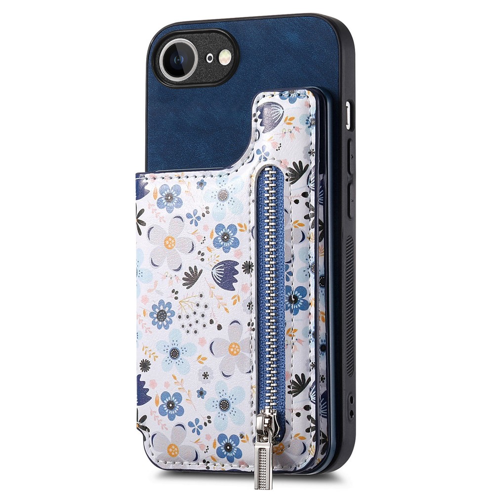 For iPhone 16e Leather Phone Cover with RFID Blocking Zipper Card Bag Kickstand - Blue