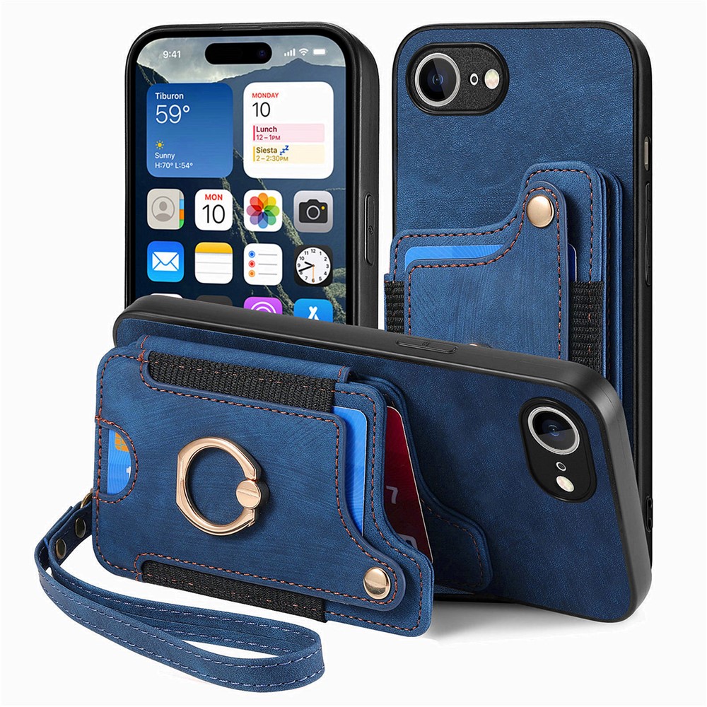 For iPhone 16e Retro PU Leather Back Cover with RFID Blocking Card Holder - Blue