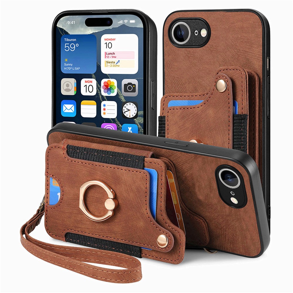 For iPhone 16e Retro PU Leather Back Cover with RFID Blocking Card Holder - Brown