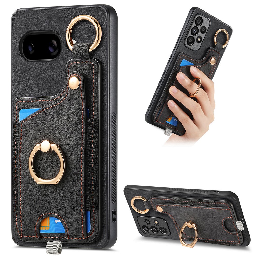 For Google Pixel 9a Retro Leather Phone Back Cover with Card Slots and Ring Holder - Black