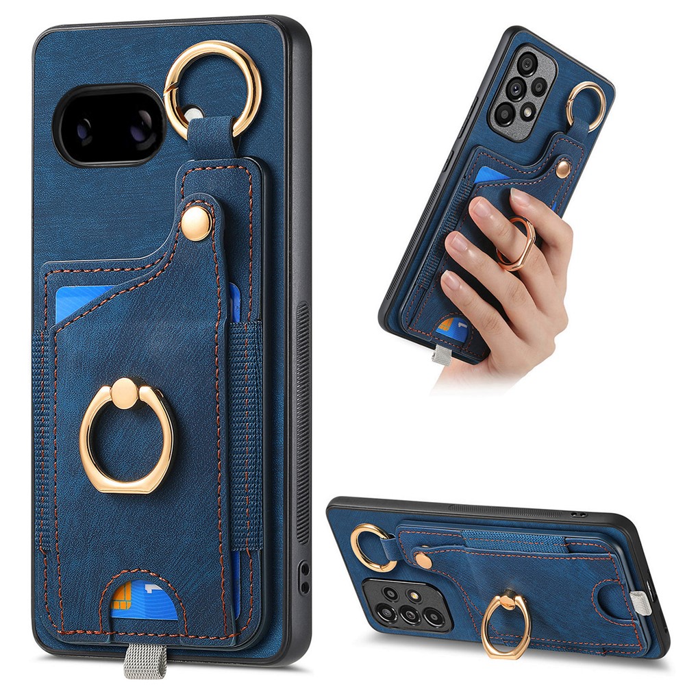 For Google Pixel 9a Retro Leather Phone Back Cover with Card Slots and Ring Holder - Blue