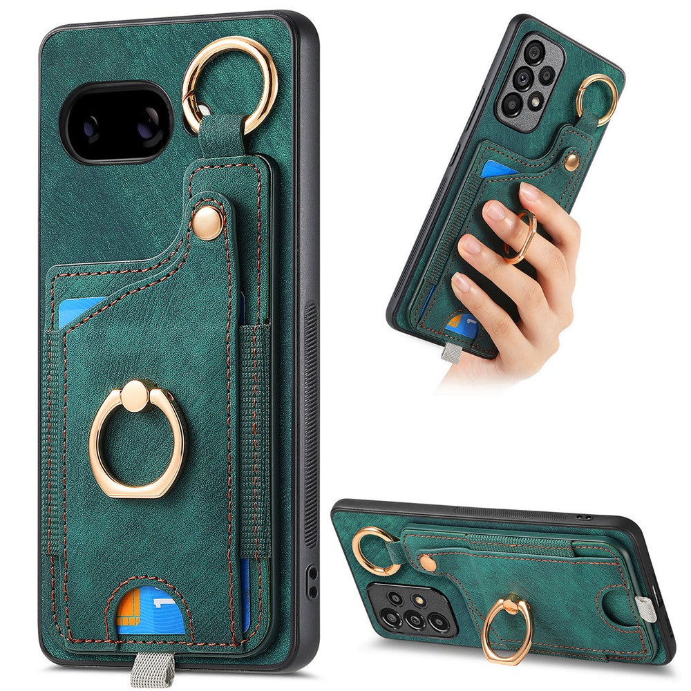 For Google Pixel 9a Retro Leather Phone Back Cover with Card Slots and Ring Holder - Green