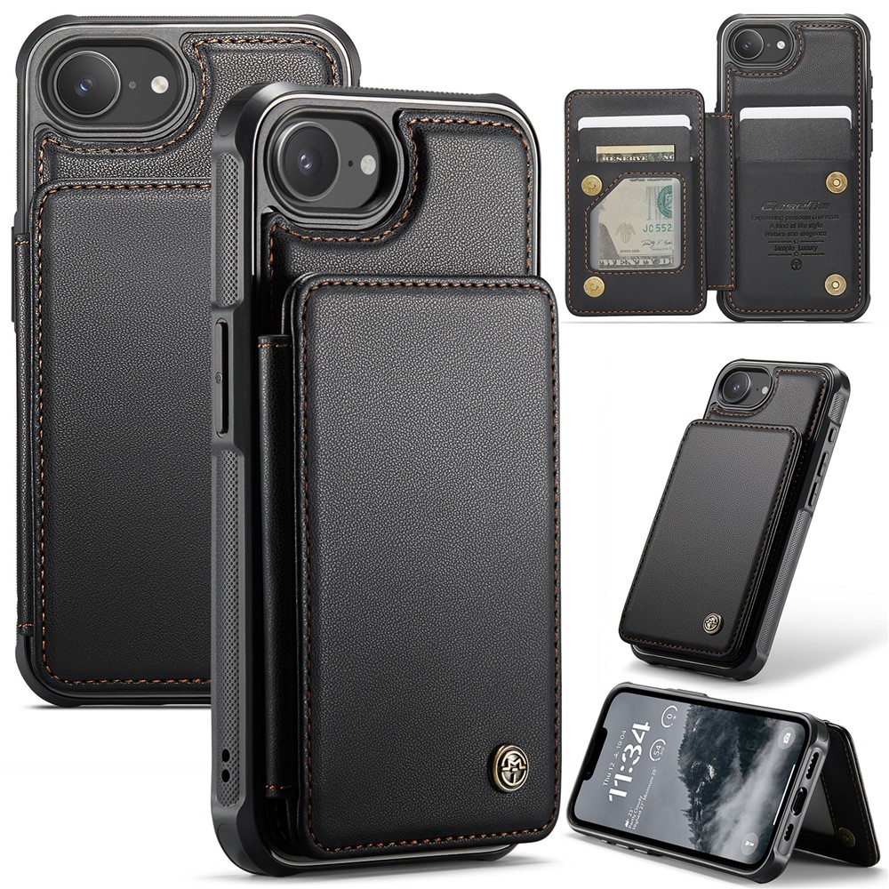 For iPhone 16e Phone Case CASEME C22 Leather Back Cover with RFID Blocking Card Slots - Black