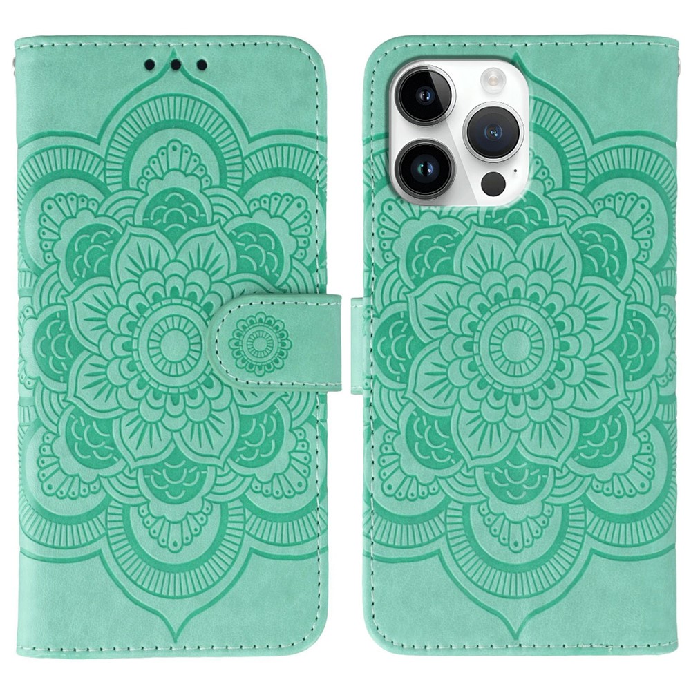 For iPhone 14 Pro Case PU Leather Mandala Imprinted Design Wallet Phone Cover - Green