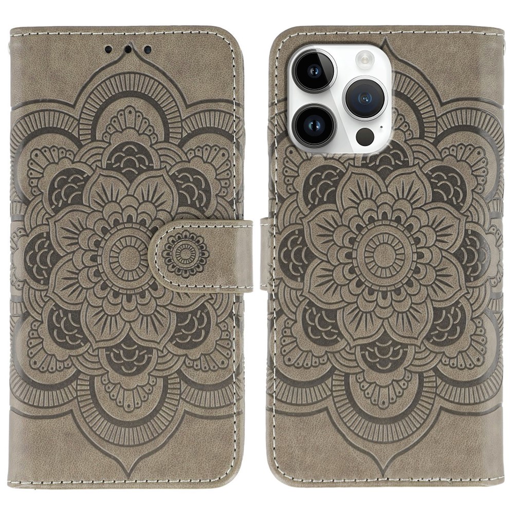 For iPhone 14 Pro Case PU Leather Mandala Imprinted Design Wallet Phone Cover - Grey