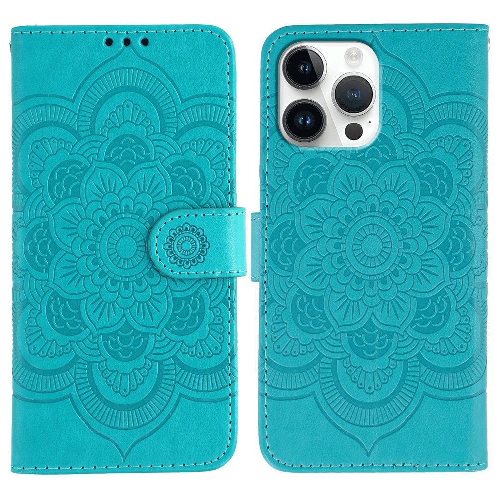 For iPhone 14 Pro Case PU Leather Mandala Imprinted Design Wallet Phone Cover - Blue