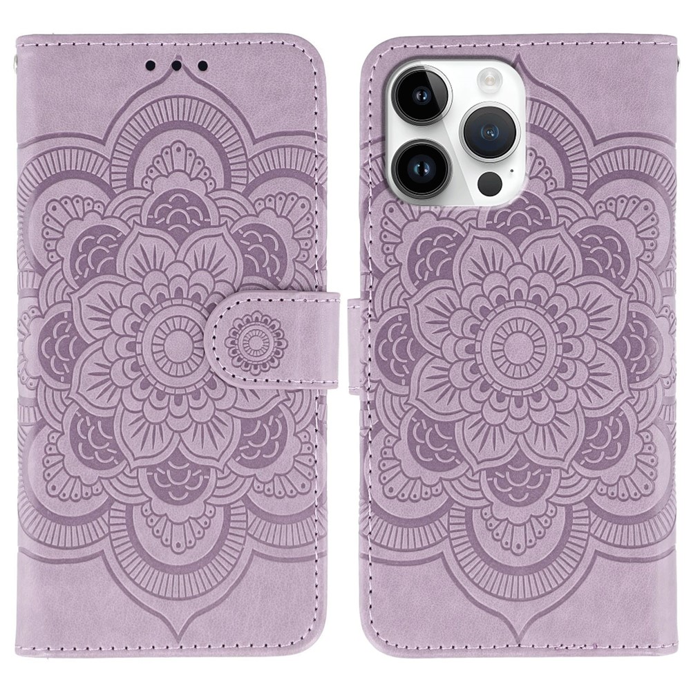 For iPhone 14 Pro Case PU Leather Mandala Imprinted Design Wallet Phone Cover - Purple