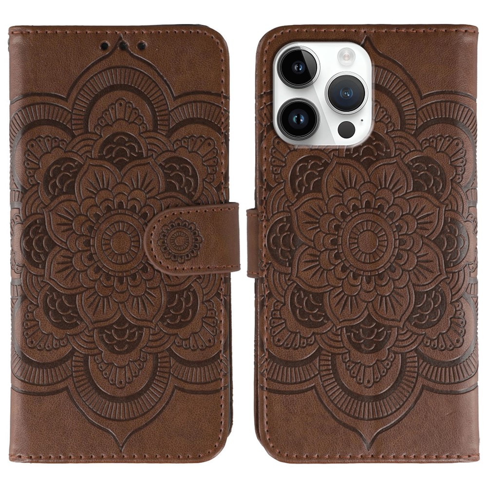 For iPhone 14 Pro Case PU Leather Mandala Imprinted Design Wallet Phone Cover - Brown