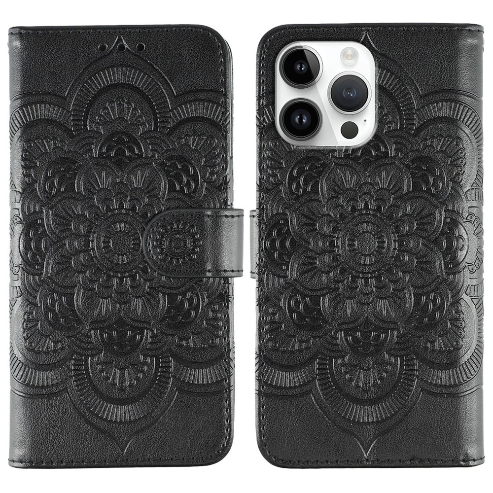 For iPhone 14 Pro Max Case PU Leather Mandala Imprinted Design Wallet Phone Cover - Black