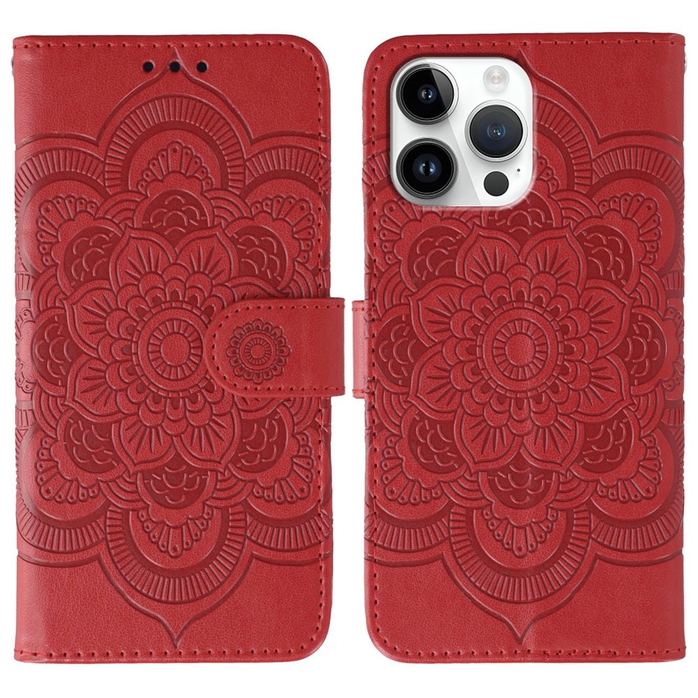 For iPhone 14 Pro Max Case PU Leather Mandala Imprinted Design Wallet Phone Cover - Red