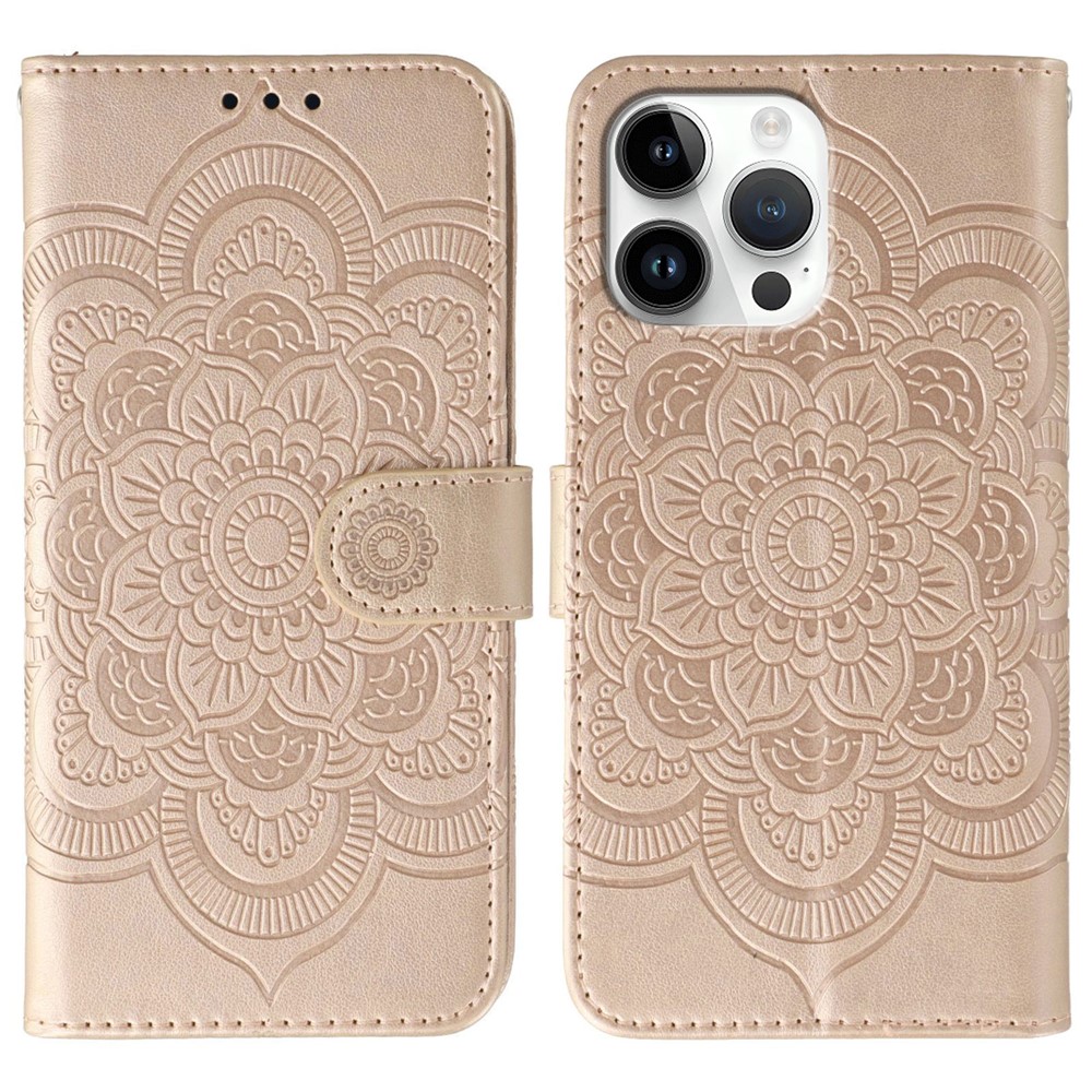 For iPhone 14 Pro Max Case PU Leather Mandala Imprinted Design Wallet Phone Cover - Rose Gold