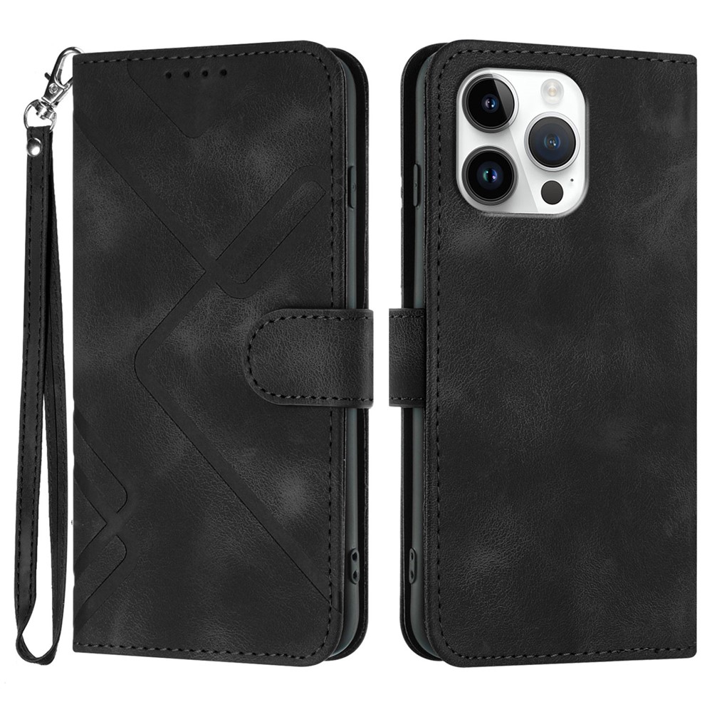 For iPhone 16 Pro Max Wallet Case Line Imprinted PU Leather Phone Cover with Strap - Black