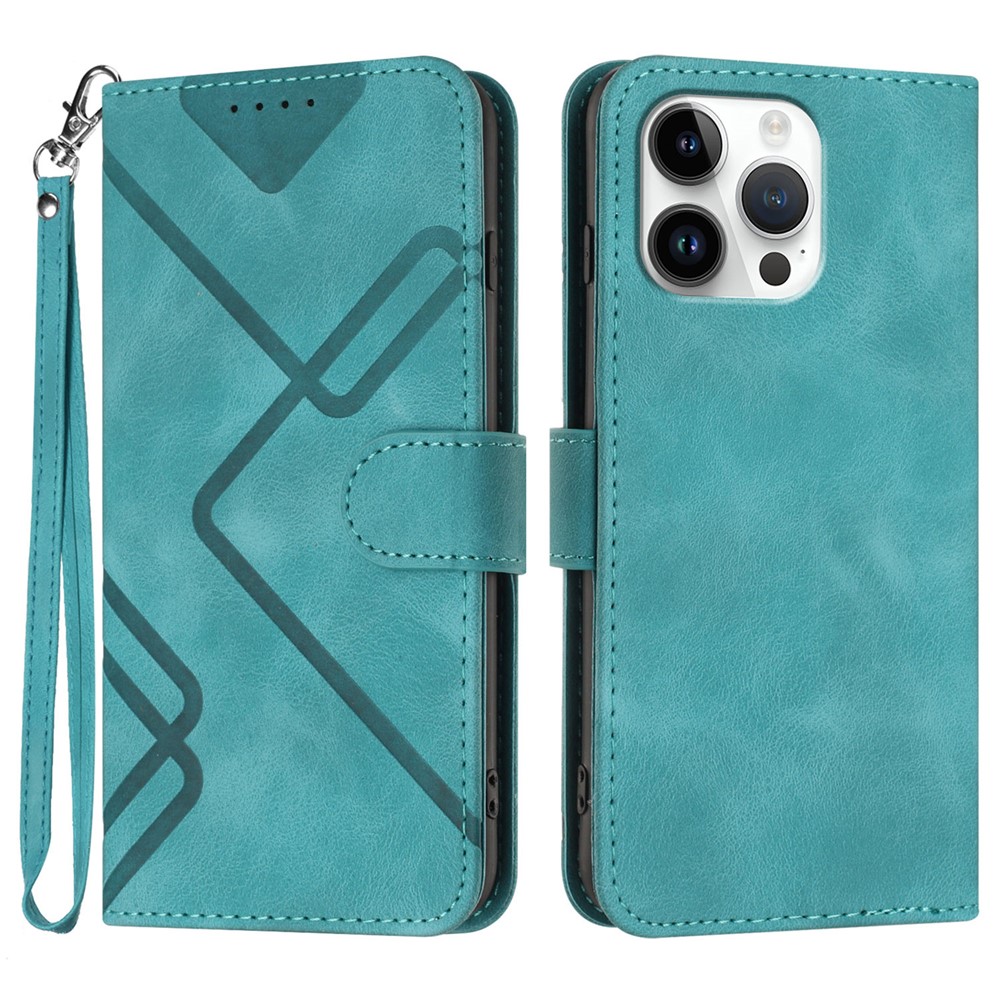 For iPhone 16 Pro Max Wallet Case Line Imprinted PU Leather Phone Cover with Strap - Light Blue