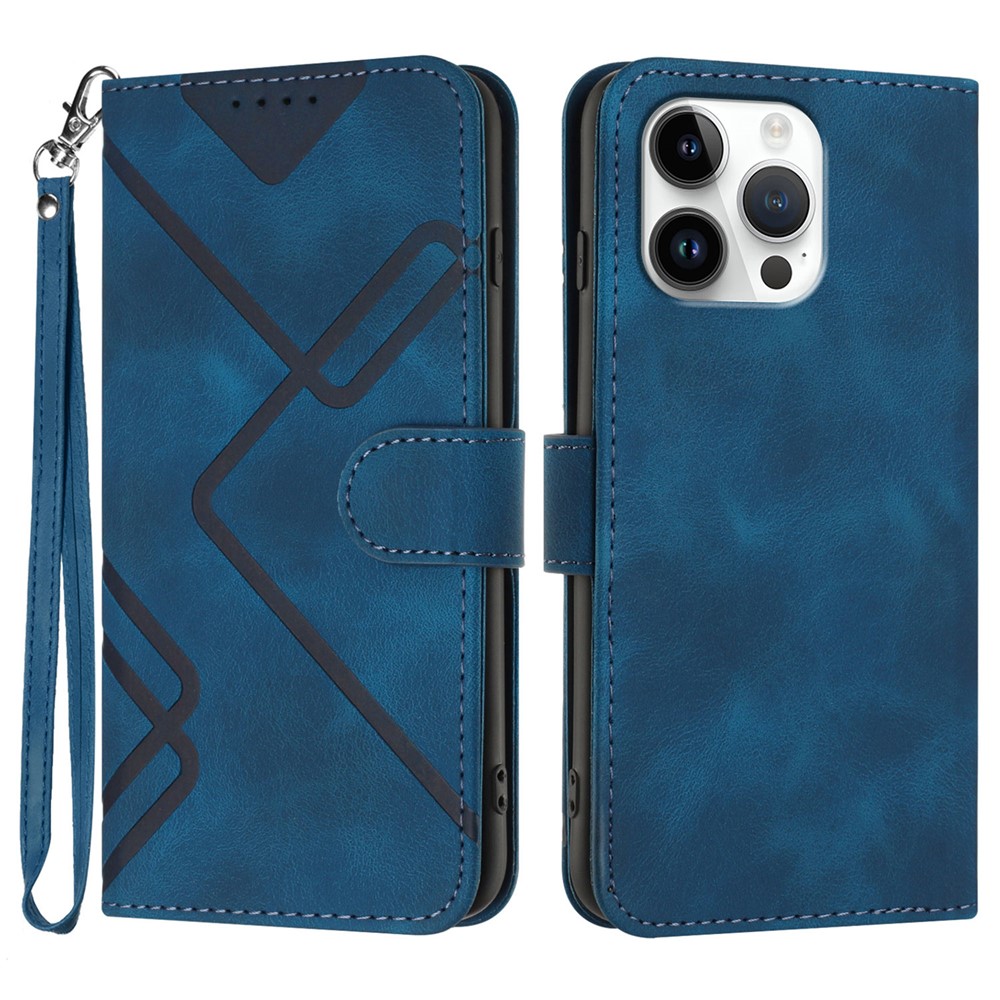 For iPhone 16 Pro Max Wallet Case Line Imprinted PU Leather Phone Cover with Strap - Royal Blue
