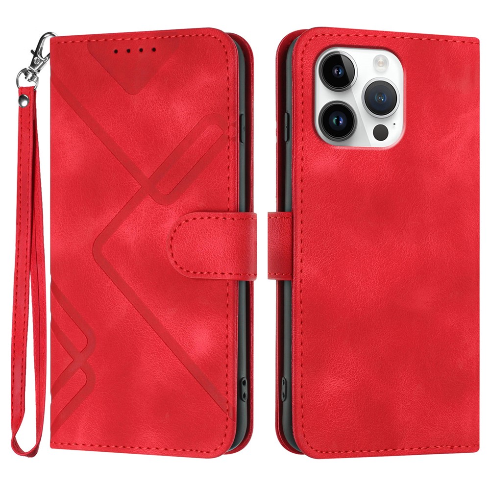 For iPhone 16 Pro Max Wallet Case Line Imprinted PU Leather Phone Cover with Strap - Red