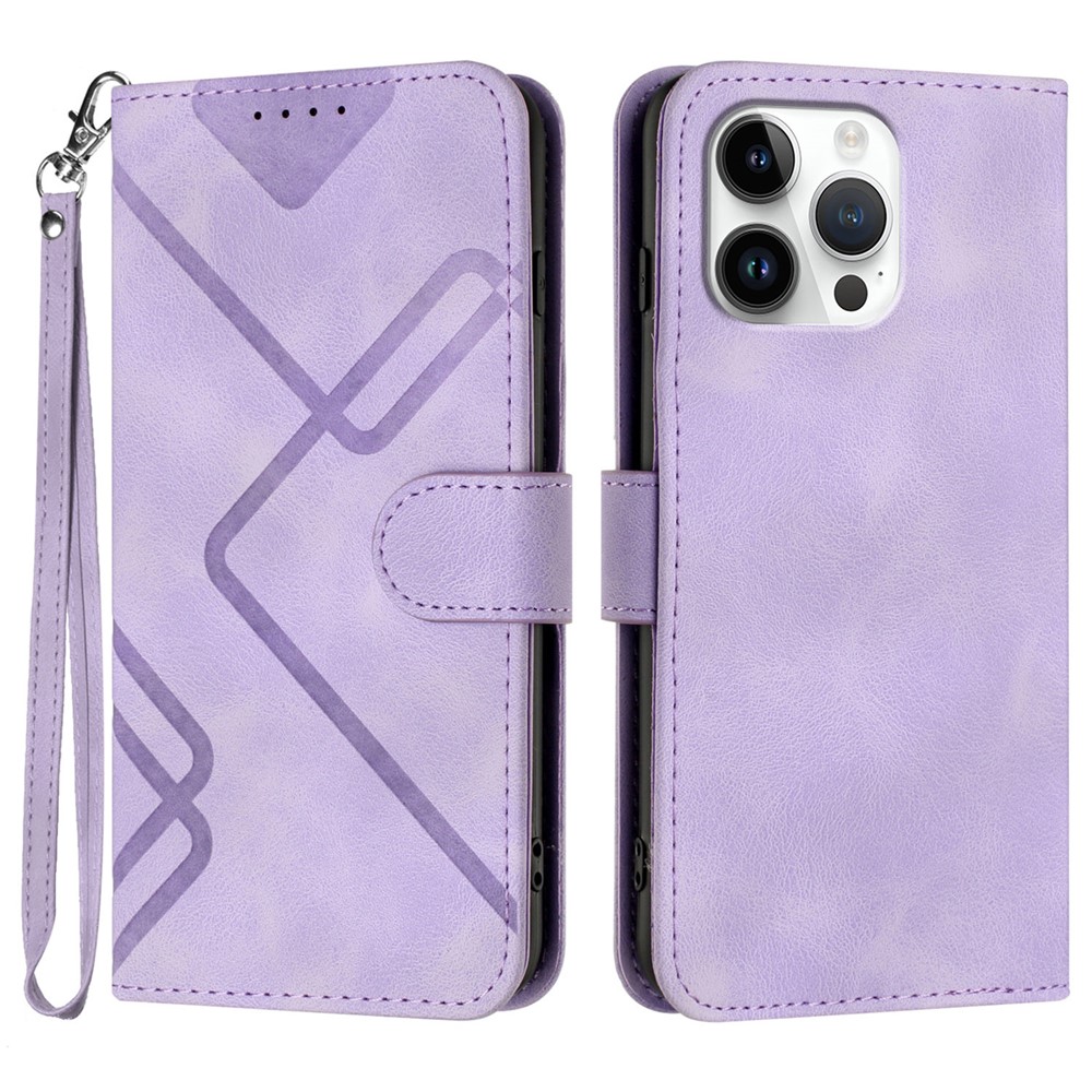 For iPhone 16 Pro Max Wallet Case Line Imprinted PU Leather Phone Cover with Strap - Purple