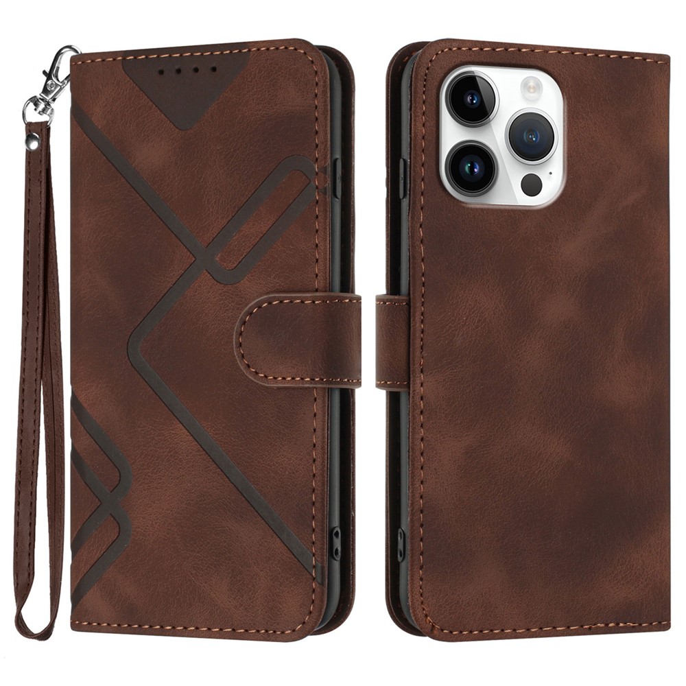 For iPhone 16 Pro Max Wallet Case Line Imprinted PU Leather Phone Cover with Strap - Brown