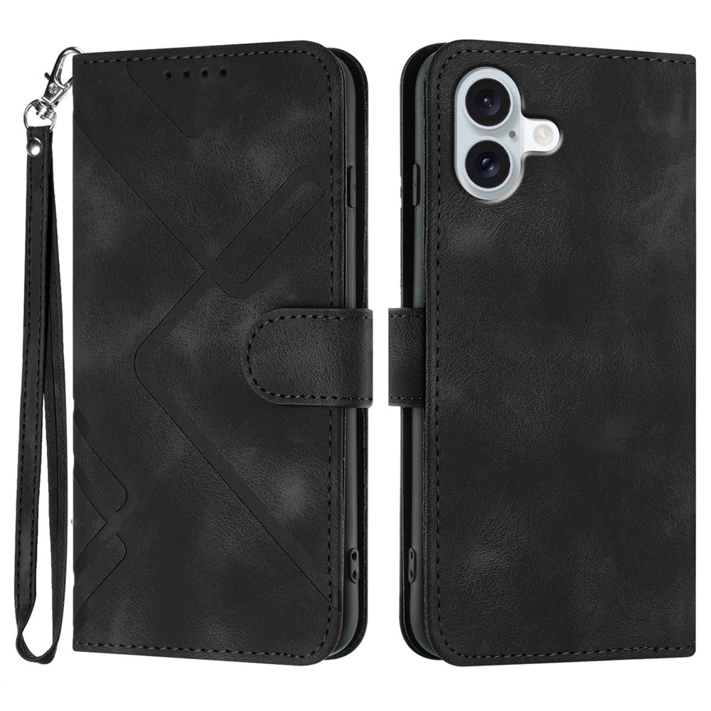 For iPhone 16 Plus Wallet Case Line Imprinted PU Leather Phone Cover with Strap - Black