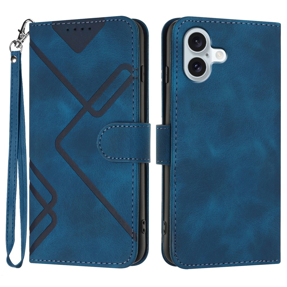 For iPhone 16 Plus Wallet Case Line Imprinted PU Leather Phone Cover with Strap - Royal Blue