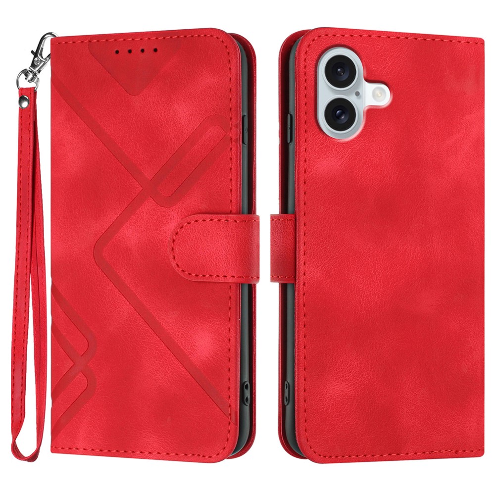For iPhone 16 Plus Wallet Case Line Imprinted PU Leather Phone Cover with Strap - Red