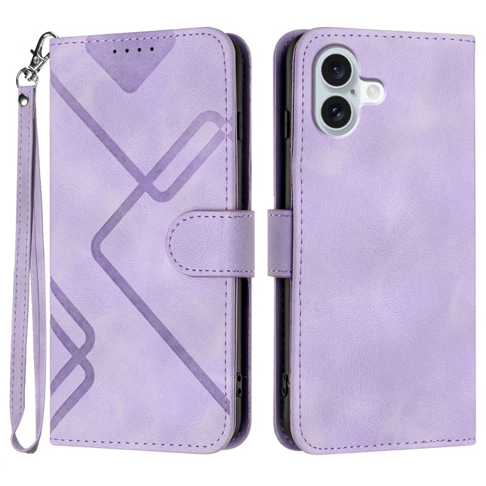 For iPhone 16 Plus Wallet Case Line Imprinted PU Leather Phone Cover with Strap - Purple