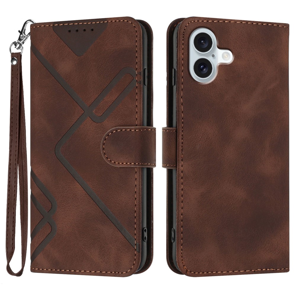 For iPhone 16 Plus Wallet Case Line Imprinted PU Leather Phone Cover with Strap - Brown