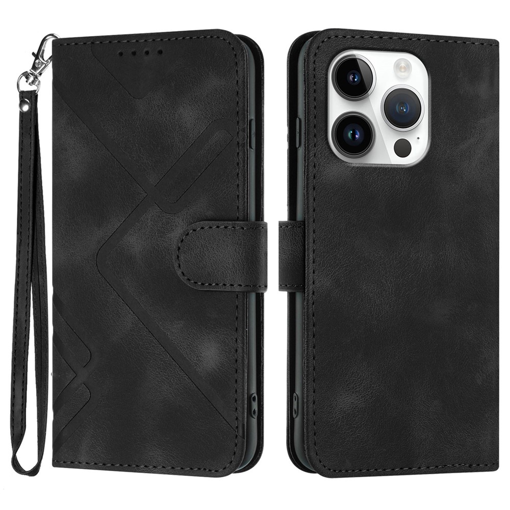 For iPhone 16 Pro Wallet Case Line Imprinted PU Leather Phone Cover with Strap - Black
