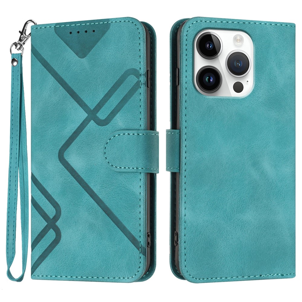 For iPhone 16 Pro Wallet Case Line Imprinted PU Leather Phone Cover with Strap - Light Blue