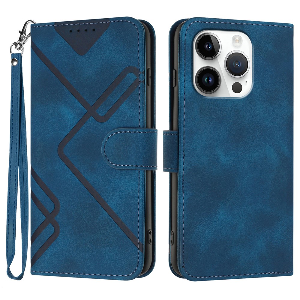 For iPhone 16 Pro Wallet Case Line Imprinted PU Leather Phone Cover with Strap - Royal Blue