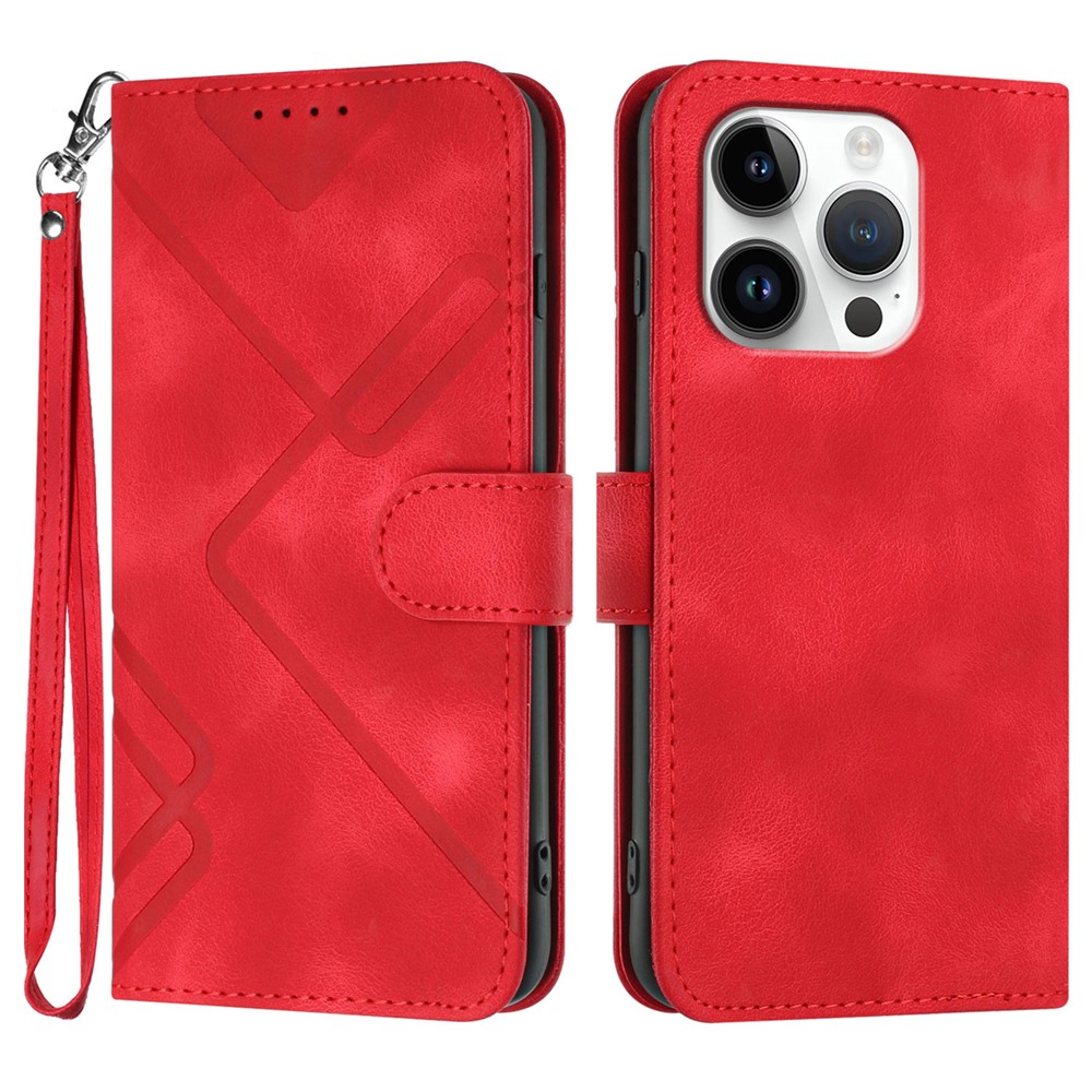 For iPhone 16 Pro Wallet Case Line Imprinted PU Leather Phone Cover with Strap - Red