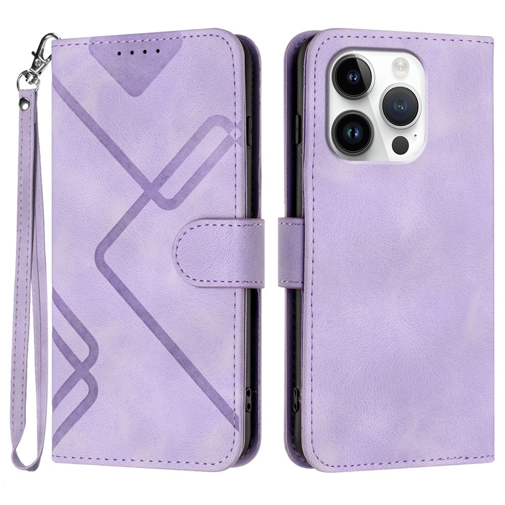 For iPhone 16 Pro Wallet Case Line Imprinted PU Leather Phone Cover with Strap - Purple