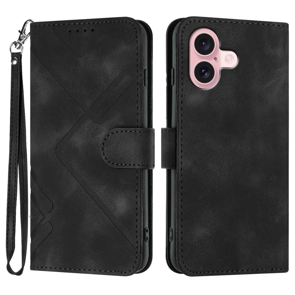 For iPhone 16 Wallet Case Line Imprinted PU Leather Phone Cover with Strap - Black