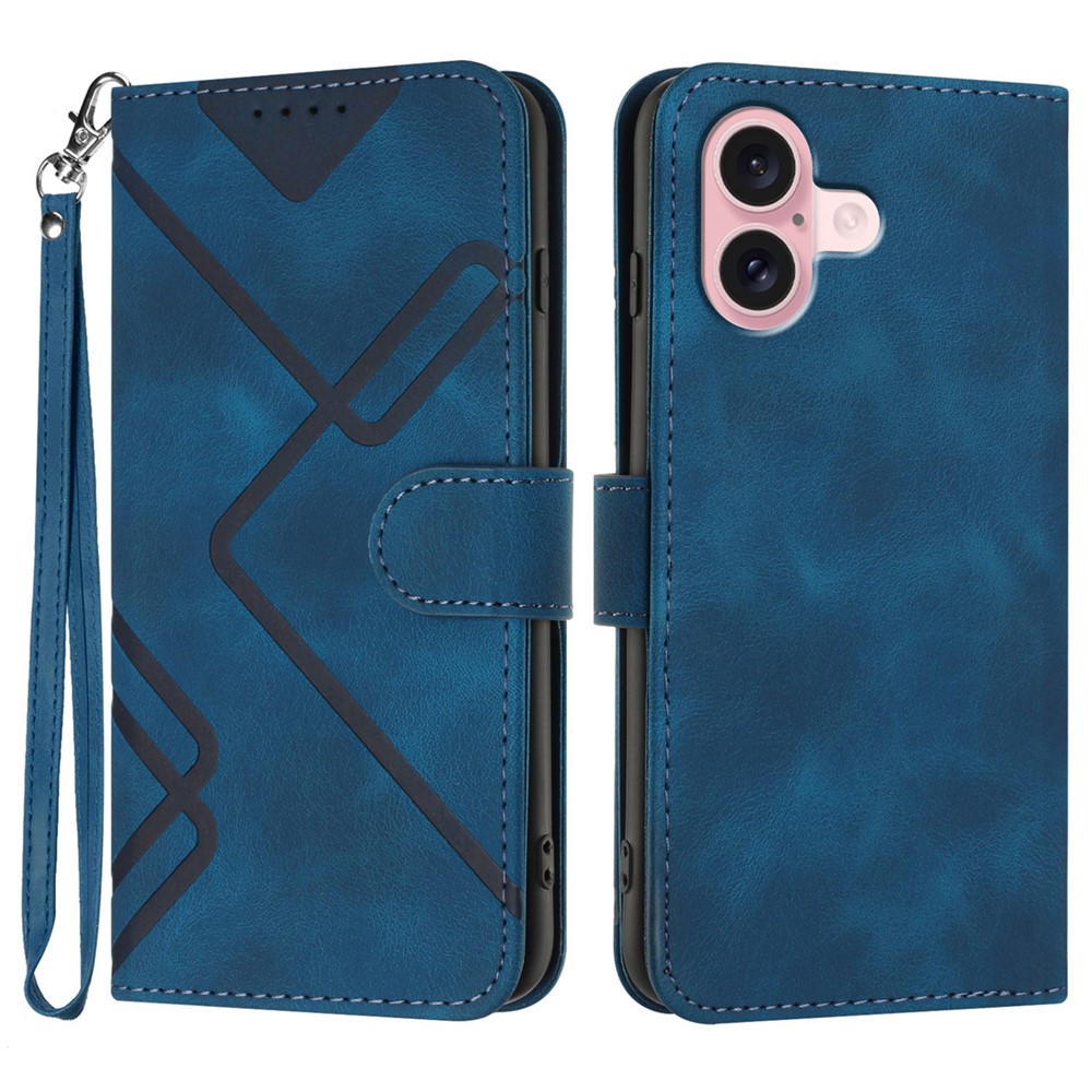 For iPhone 16 Wallet Case Line Imprinted PU Leather Phone Cover with Strap - Royal Blue