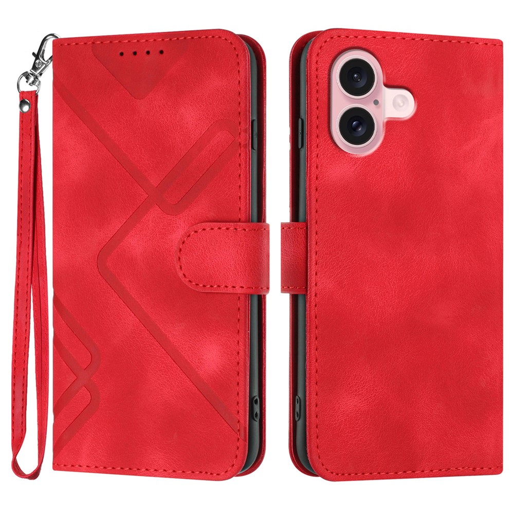 For iPhone 16 Wallet Case Line Imprinted PU Leather Phone Cover with Strap - Red