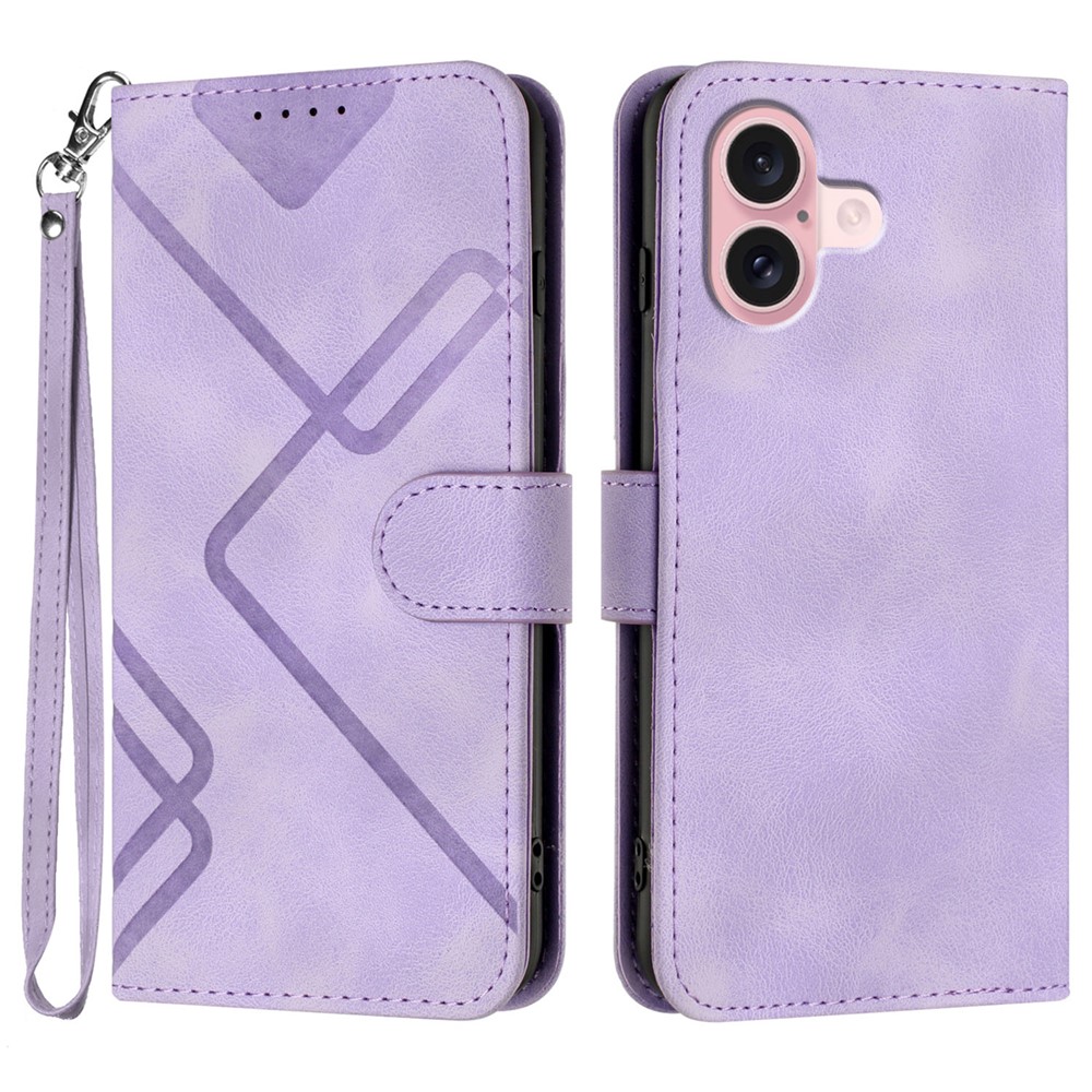 For iPhone 16 Wallet Case Line Imprinted PU Leather Phone Cover with Strap - Purple
